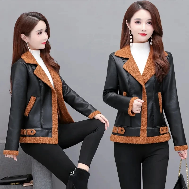 2024 Herbst Winter koreanische Version Frauen Lederjacke hinzufügen feines Haar warme weibliche schlanke kurze Outwear Biker Damen Leder mäntel