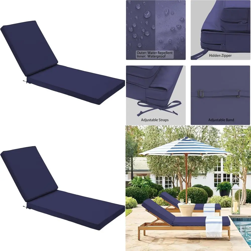 

Waterproof Outdoor Chaise Lounge Cushions, Removable Cover, Adjustable Ties, 80x26x3
