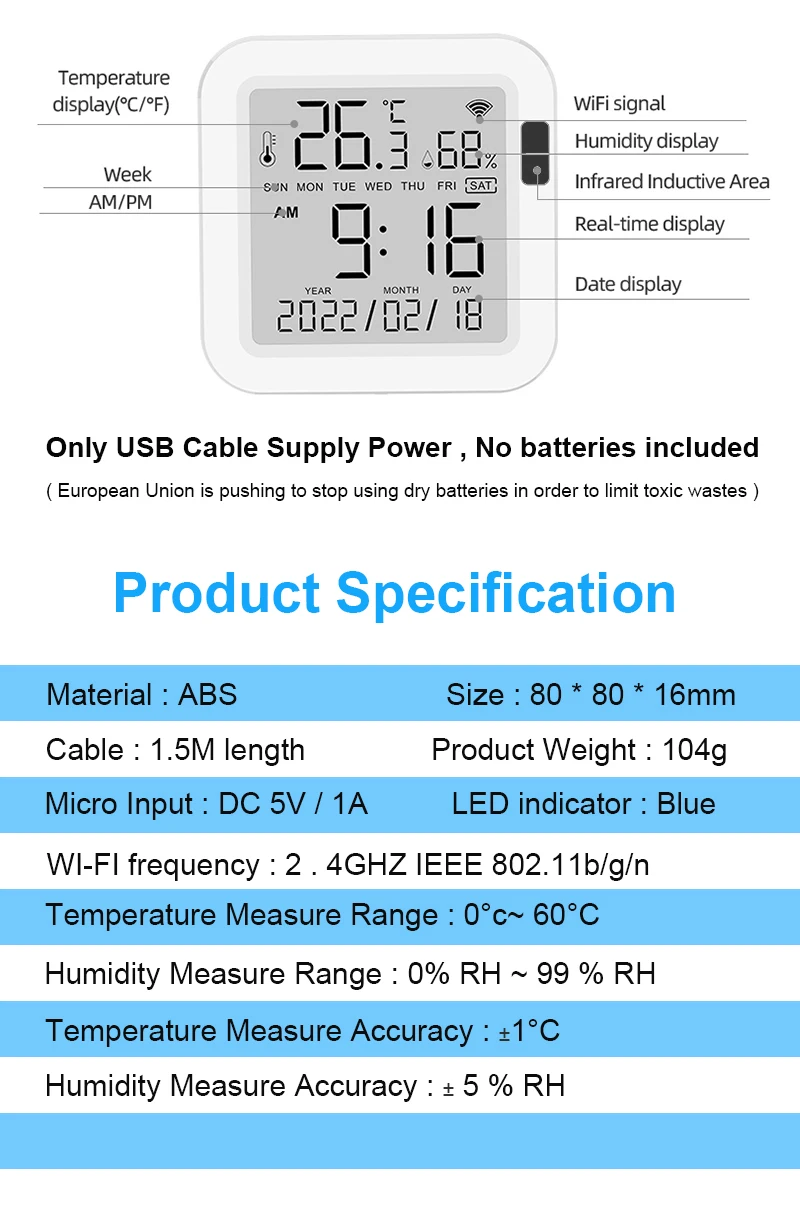 Tuya WiFi Smart Temperature Sensor USB Power With Infrared Sensing LCD Screen Backlight Display For Alexa Home Assistant