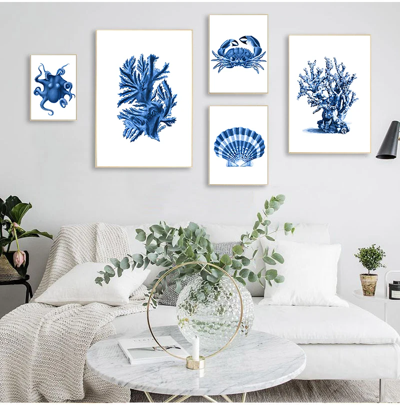 Blue Nautical Watercolor Posters and Prints Coastal Decor Marine Life Starfish Coral Tortoise Illustration Art Canvas Painting