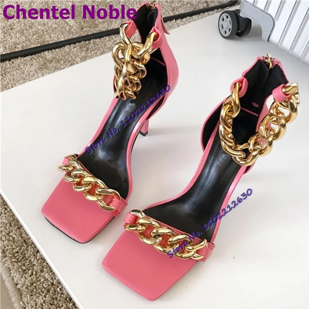 Metal Chain Luxury Sandals Square Toe Cover Heel Open Toe Zipper Stilettos New Arrival Fashion Women Shoes Party Dress Designer