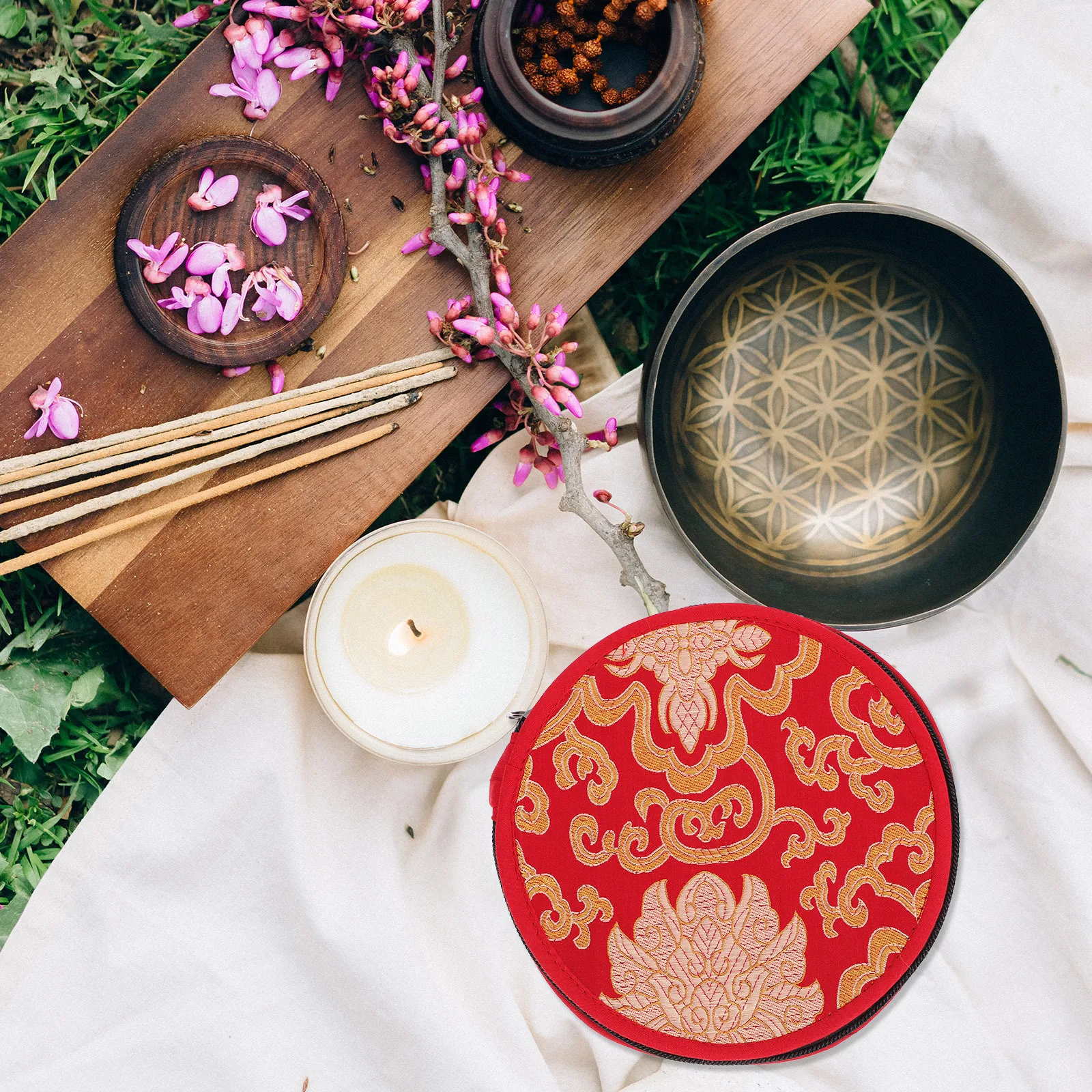 

1Pcs Buddha Singing Bowl Storage Bag Handmade Auspicious Cloud Embroidered Durable Zipper Closure Meditation Bowl Mat