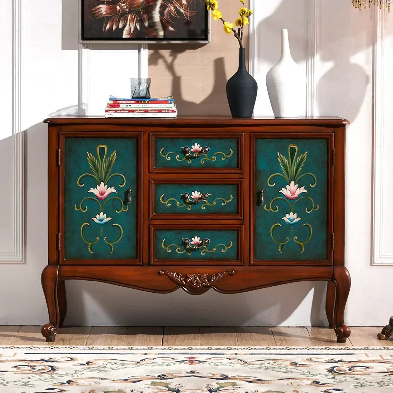 Solid Wood Hand Painted Retro Bucket Cabinet Three Drawers Two Doors Storage Locker for Entrance Hallway Factory Wholesale
