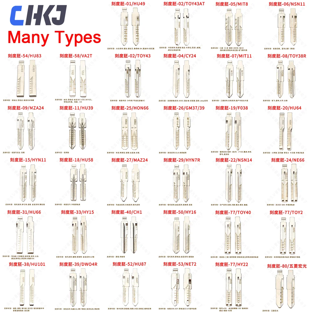 CHKJ 10PC molti modelli LiShi 2 in 1 di chiavi graduate Blanks chiave incisa Blanks linea di contrasto HU49 HU66 HY15 HU101HY16 HU87 HU58