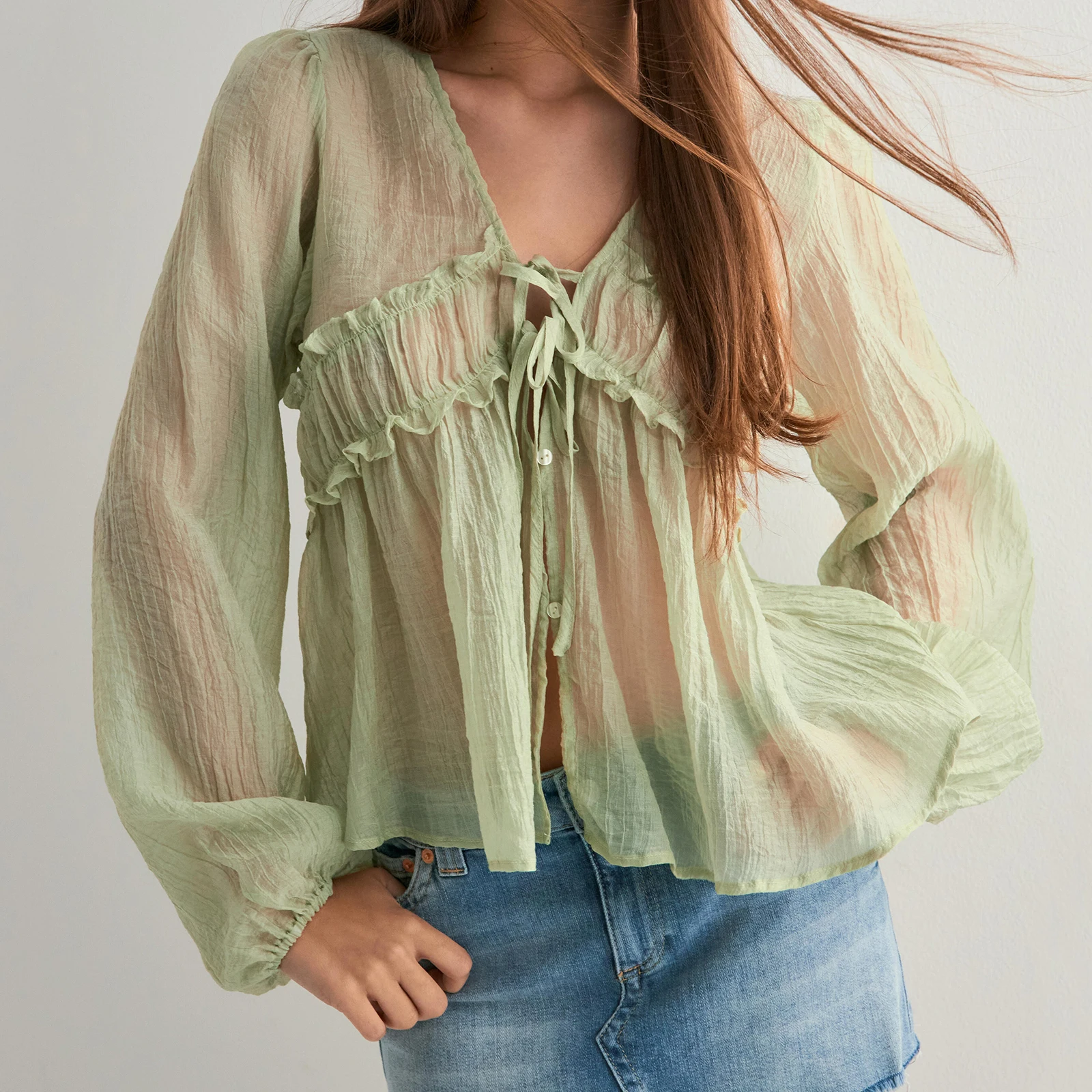 

Women’s Tie-up Front Tops Long Sleeve V Neck Loose Fit Ruffle Shirts Spring Fall Solid Color Crincle Blouses