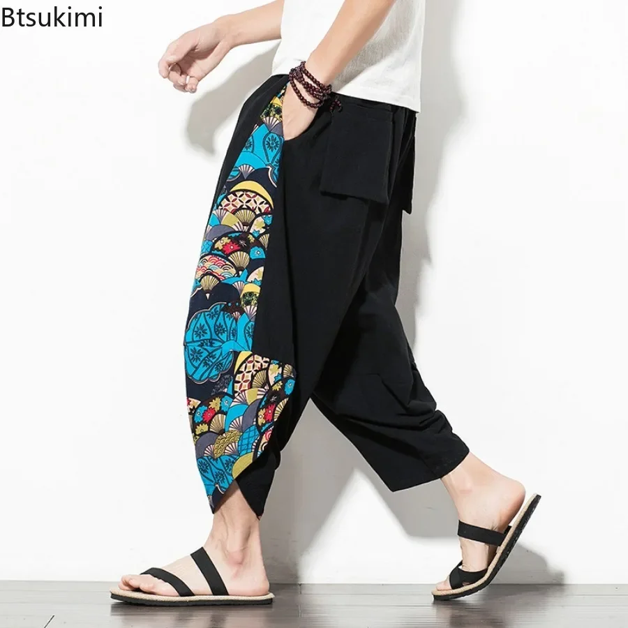 2025 Men's Summer Casual Hipster Cotton Linen Harem Pants Chinese Style Printed Calf-length Pants Men Streetwear Pants Oversized