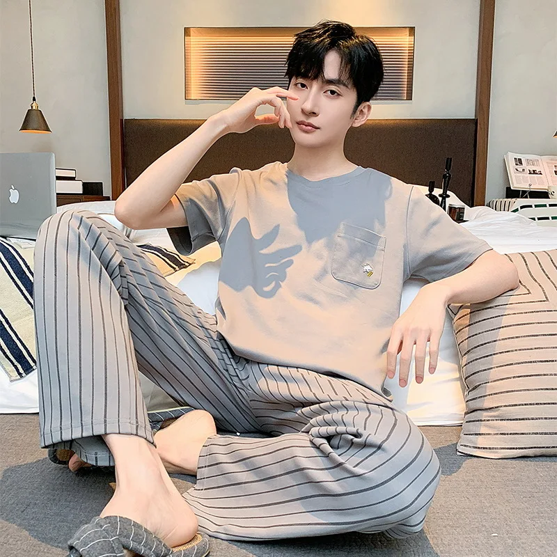 Hot Sale New Men's Casual Simple Sleepwear Suits Fashion Striped Patchwork Short-sleeve Tops+Pants Homewear Two-pieces Men Sets