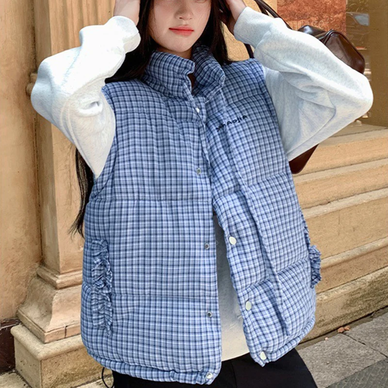 2025 가을 겨울 신상 블루 플래드 다운 코튼 베스트 여성 Y2K 한국 패션 슬리브리스 재킷 패딩 따뜻한 스탠드 칼라 조끼