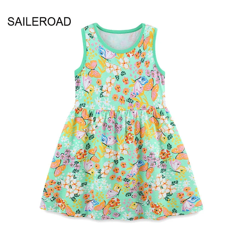 SAILEROAD-vestido de verano para niños, ropa de algodón con estampado de mariposa y dibujos animados, sin mangas, 2024