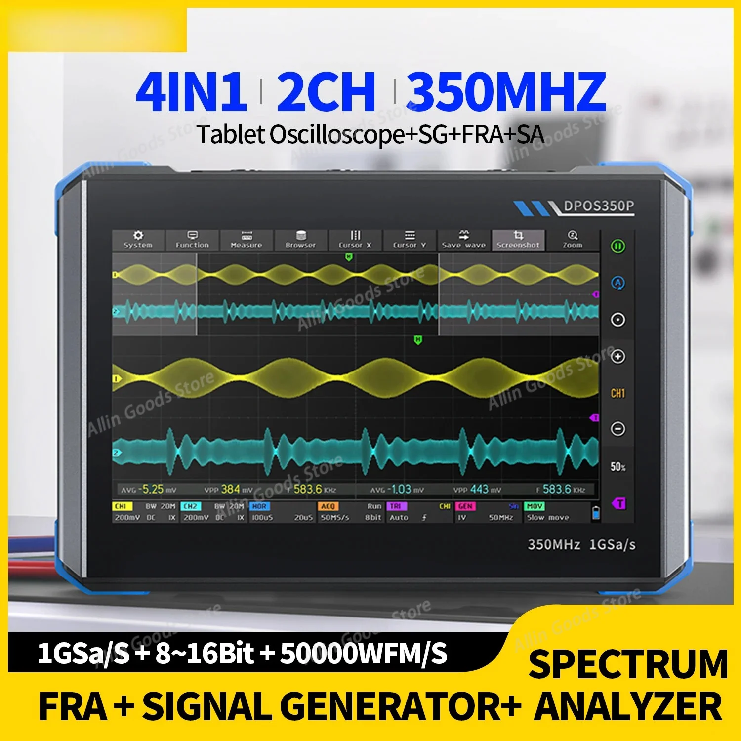4-in-1 Tablet Digital Oscilloscope 350M Bandwidth Signal Generator Spectrum Analyzer Frequency Measurement Device