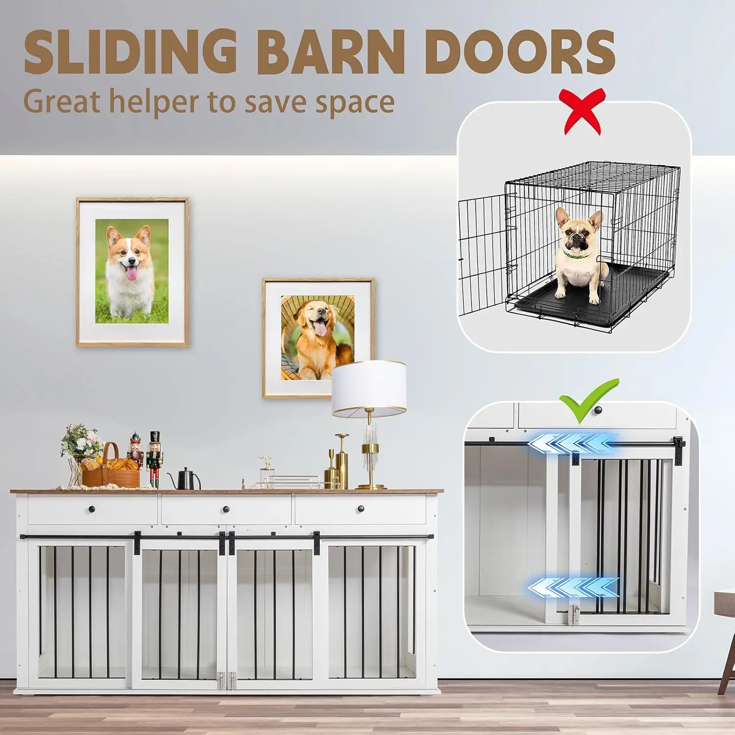 أثاث صندوق الكلاب بيت الكلب الخشبي ذو السلالات الكبيرة مع مقسم الغرفة و3 أدراج، أبواب مزدوجة طاولة نهاية صندوق الكلاب شديدة التحمل