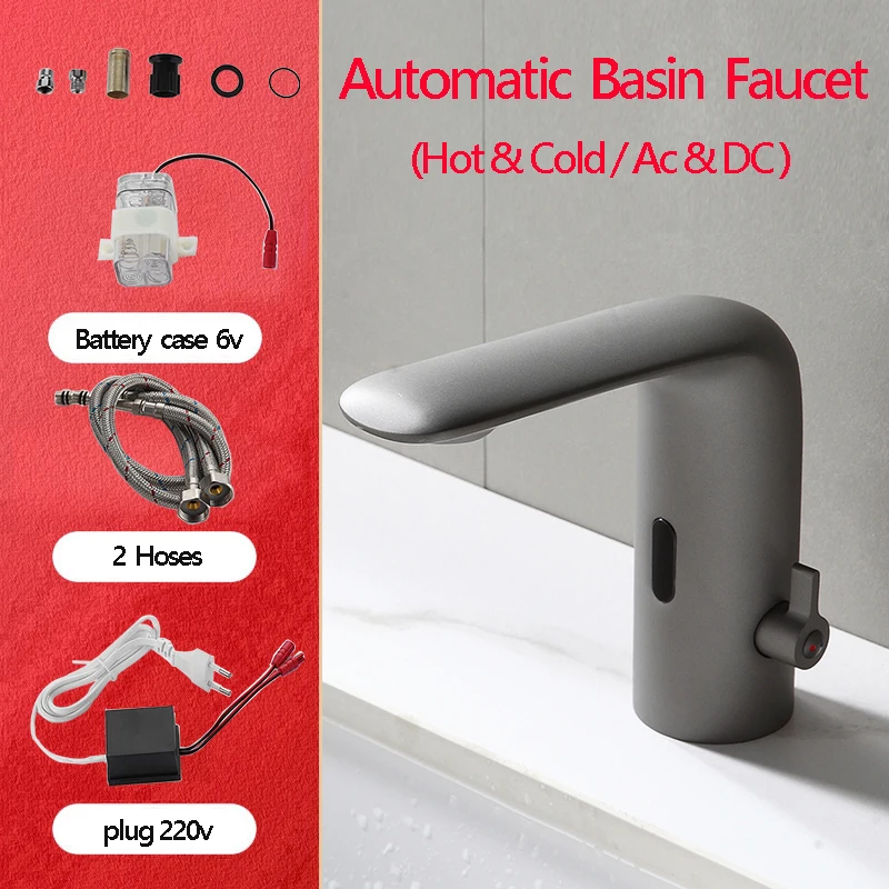 Automatic smart sink faucet taps body full copper brass brushed gun grey color mixer water cold & hot ac 220 v and dc 6 battery