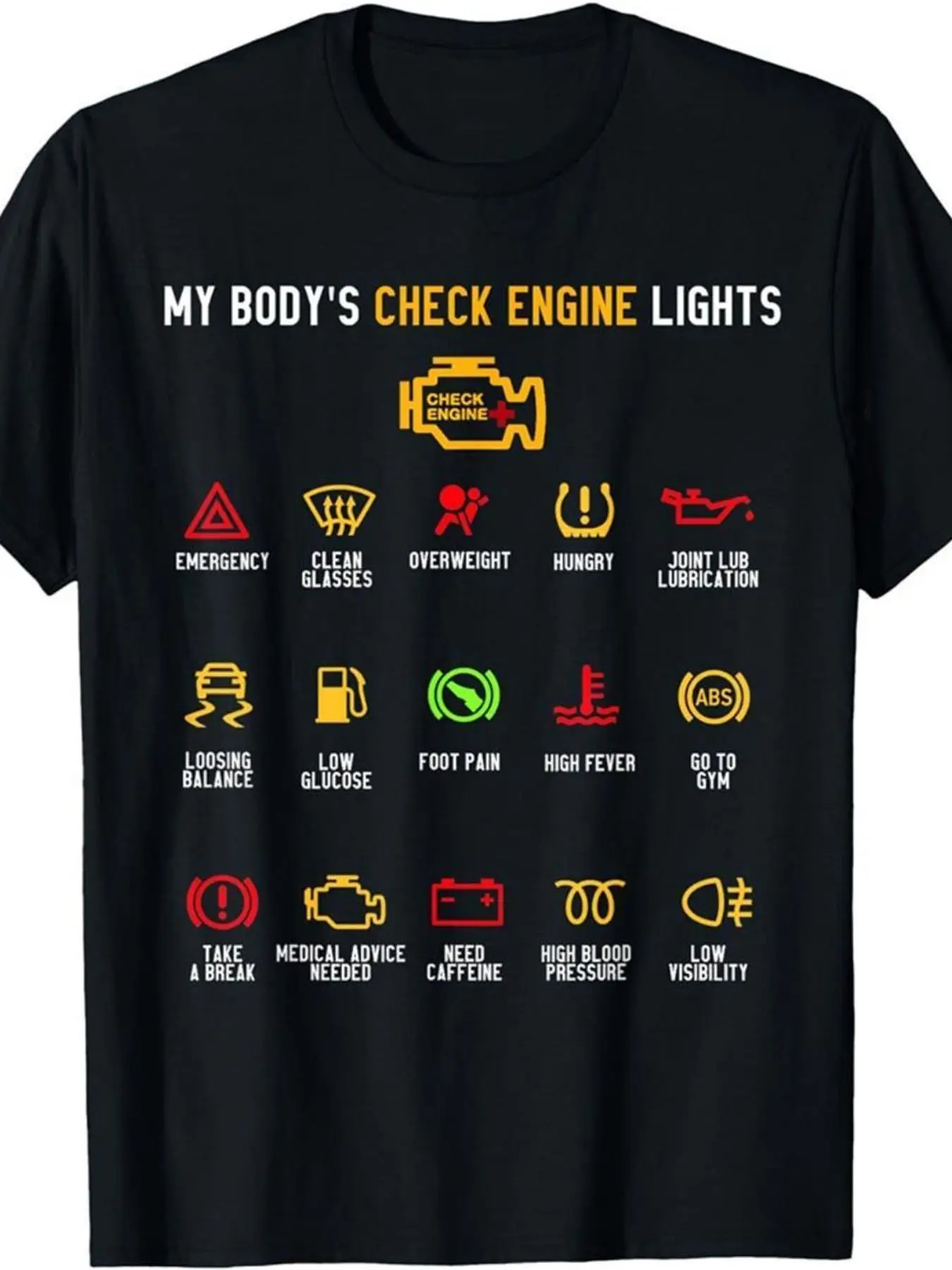 My Vehicle's Fault Light Pattern Oversized T-Shirt - Unique Black T-Shirt with Car-Related Warning Icons and Funny Descriptions, Featuring Eye-Catching Yellow and White Text Design, Perfect for Car Enthusiasts, Ideal Casual Wear, and a Perfect Gift for Friends and Family