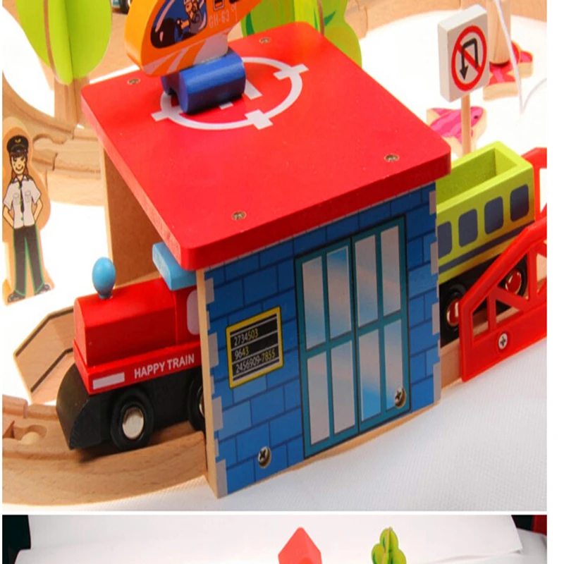 Pista del treno Giocattoli del treno in legno Set Locomotiva per auto della polizia Slot pressofuso adatto a tutti i binari ferroviari di marca in legno elicottero per bambini