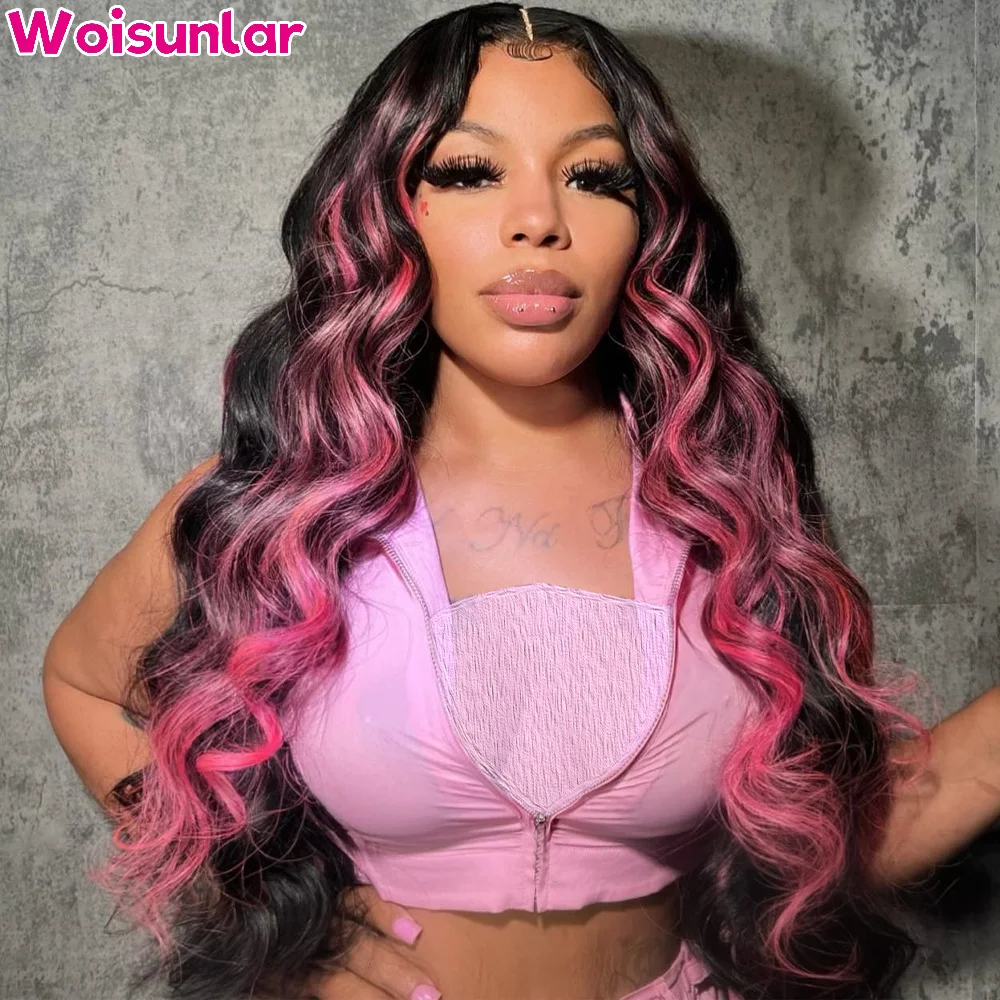 

Black and Dark Pink Lace Front Human Hair Wigs Body Wave glueless Hair 180% For women Transparent 5x5 Lace Closure Human hair