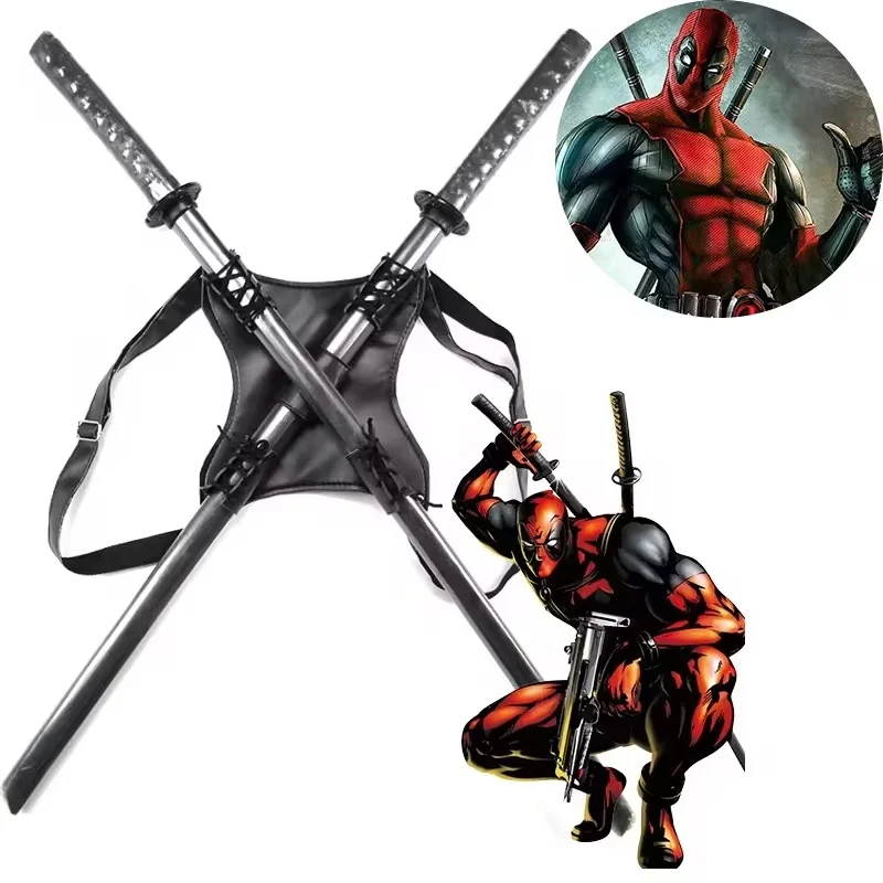 Espada de Deadpool y correa para el hombro, accesorio de Cosplay de 75cm, espada samurái de doble hoja plateada, juguete para niños y adultos