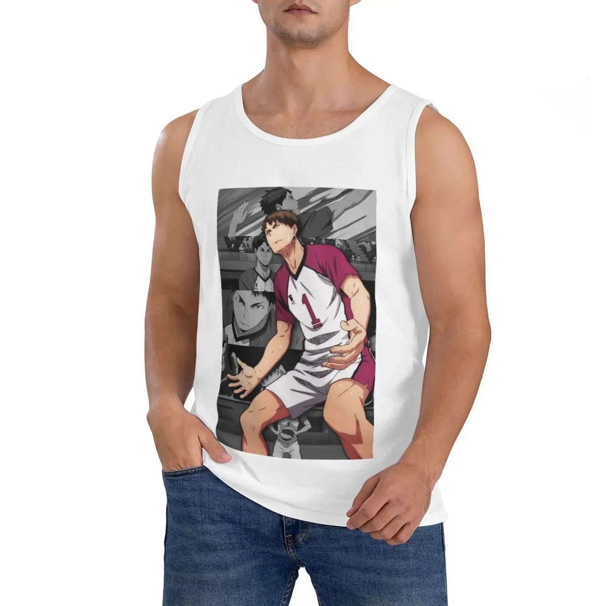 100% хлопковая футболка без рукавов Haikyuu Manga Ushijima Wakatoshi, мужская спортивная одежда для тренировок, топы, мужская майка с круглым вырезом