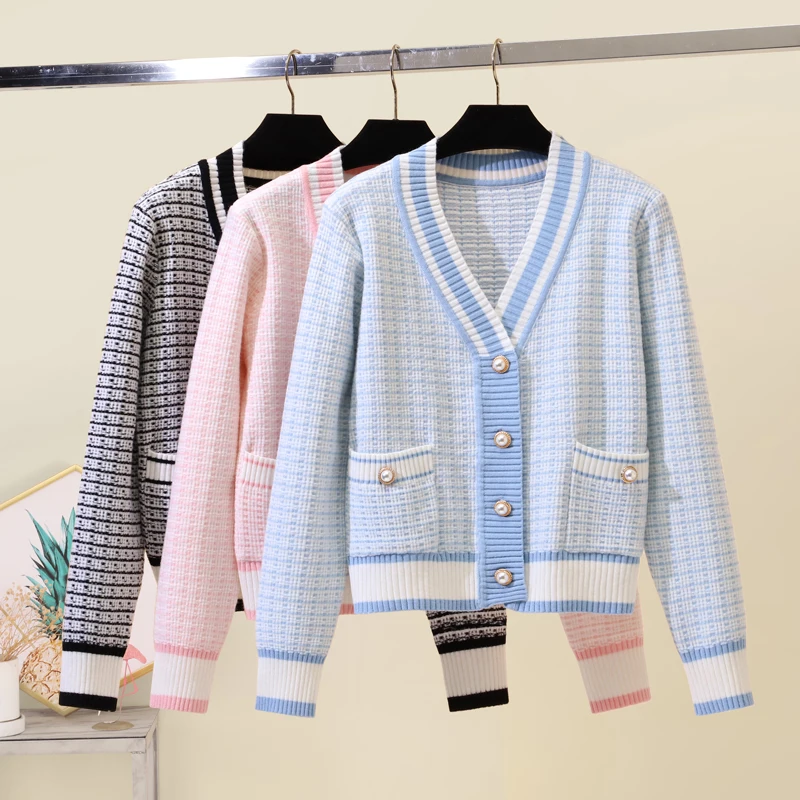 Autumn Winter Plaid Knitted Pink Cardigan Small Fragrance Sweater Women V-neck Long Sleeve Pockets Button Korean Fashion Jackets