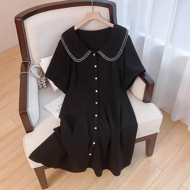 

160Kg Plus Size Women's Bust 160 Summer Loose Peter Pan Collar Short-Sleeved Casual Shirt Dress Black 5XL 6XL 7XL 8XL 9XL