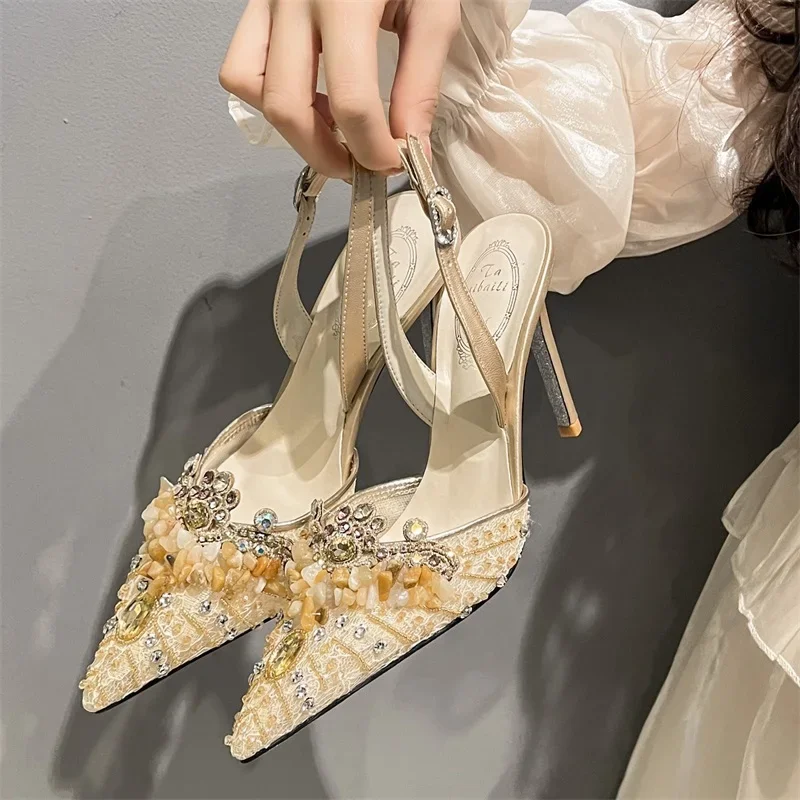 

Baotou sandals for women, new summer pointed, socialite and fairy style wedding shoes, banquet high heels, slim heels