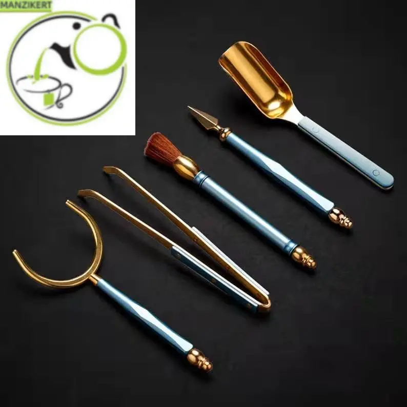 

Copper and Aluminum Tea Ceremony Five-Piece Set Tea Spoon Tea Pin Cup Pen Tea Clamp Set Color Aluminum Set Tea Accessories