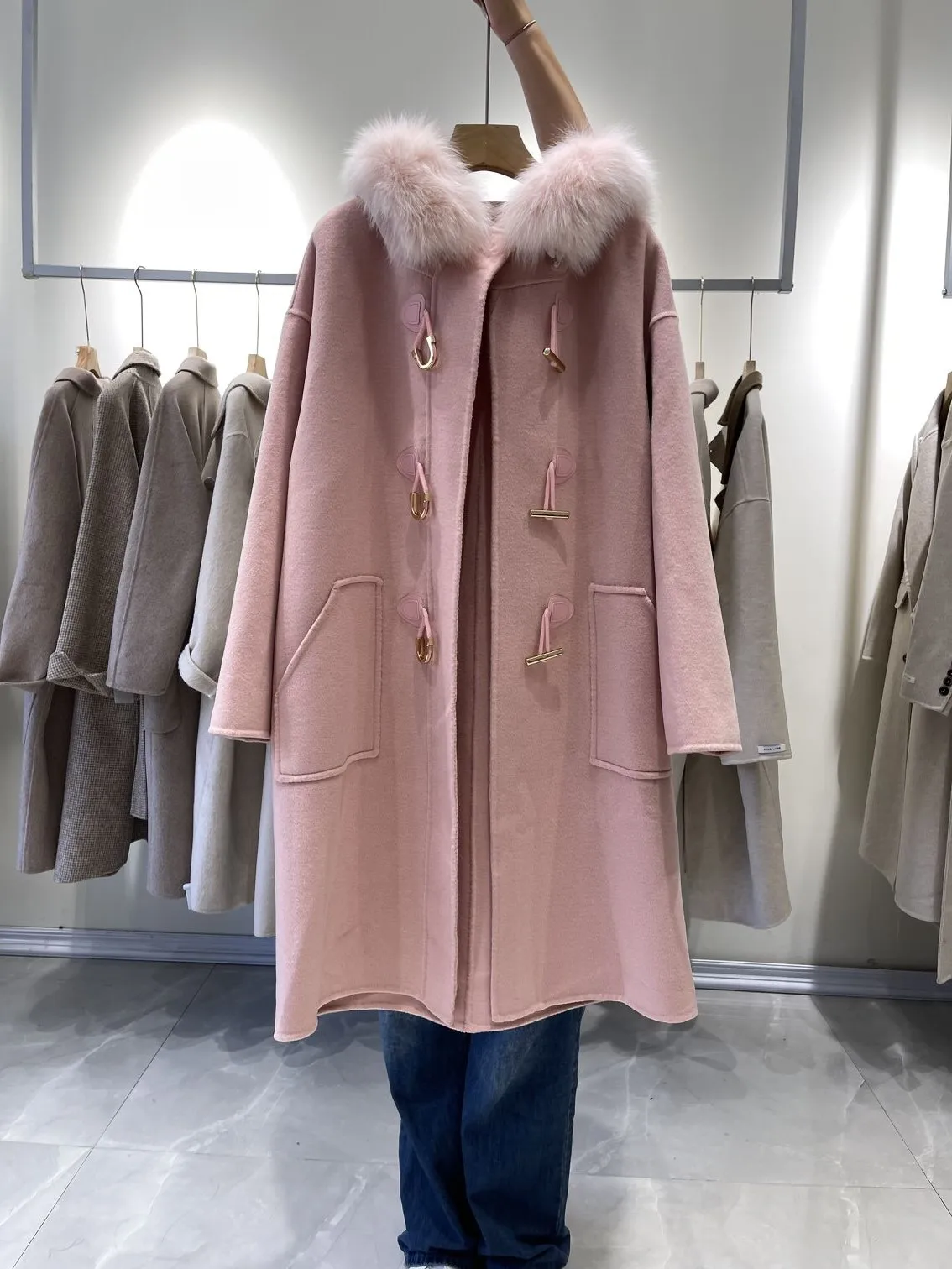 Lavelache Autumn Winter Coat Women Wool Jacket with Real Fox Fur Collar Warm Long Elegant Double Side Woolen Overcoat