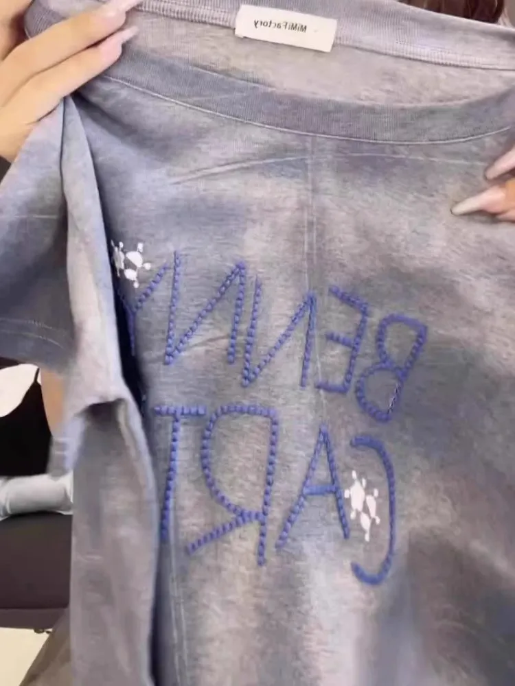 T-shirt Estiva Blu per Donna con Ricamo Glitterato, Top Tie-Dye Stile Coreano, Vestibilità Ampia con Collo Tondo