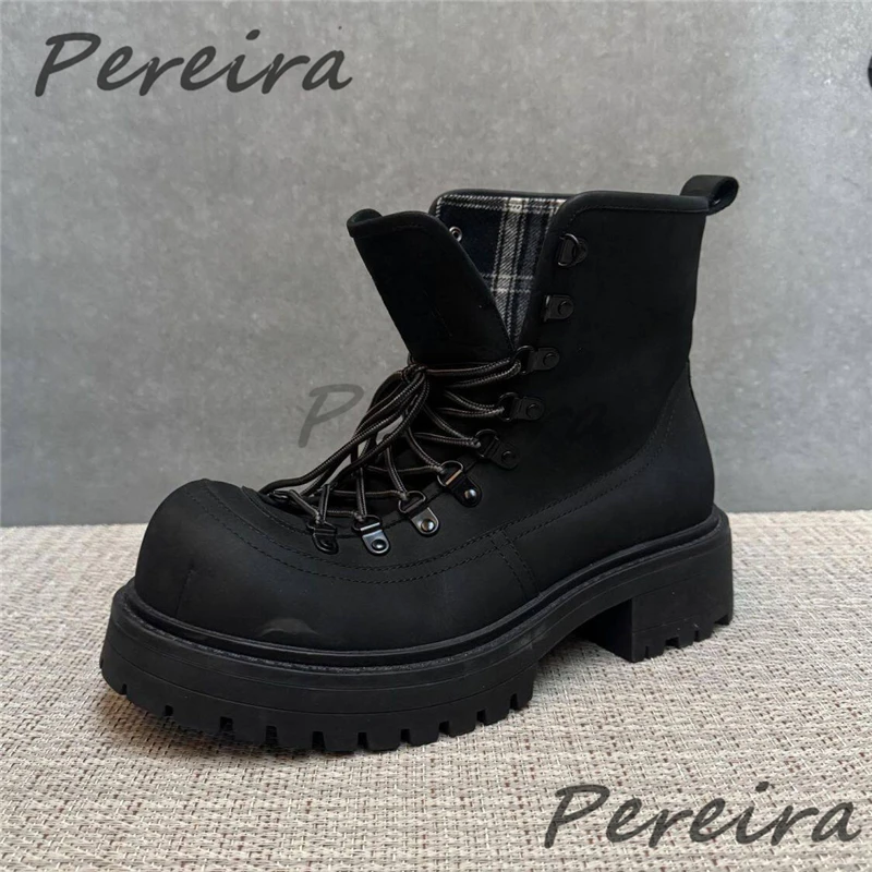 British Round Toe Thick Sole High Top Boots for Men Women Trendy Height Increasing Lace Up Boots Outdoor Couple Casual Shoes