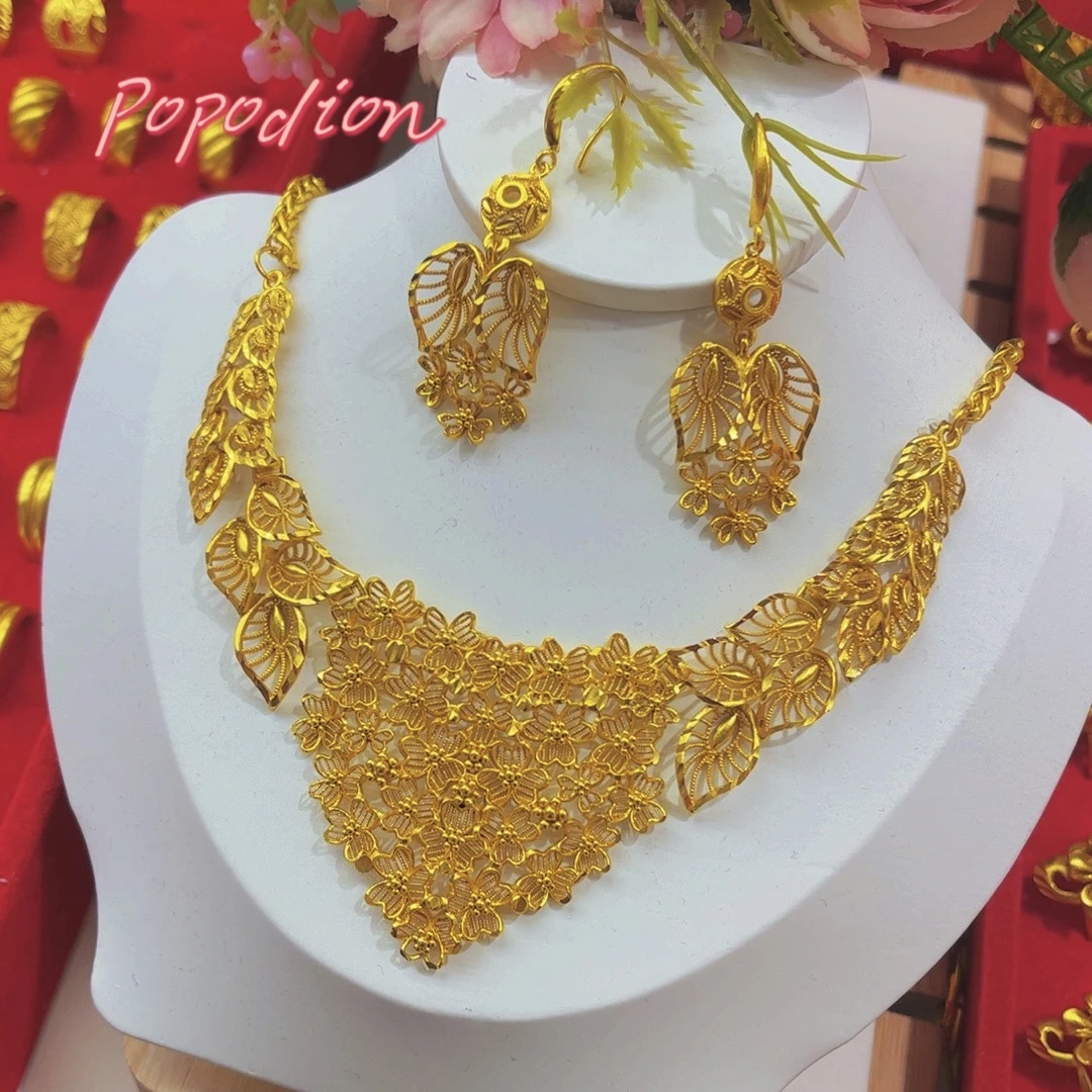 Popodion  New Dubai 24K Gold Plated Jewelry Necklace Earrings Bridal Wedding Jewelry   YY10352