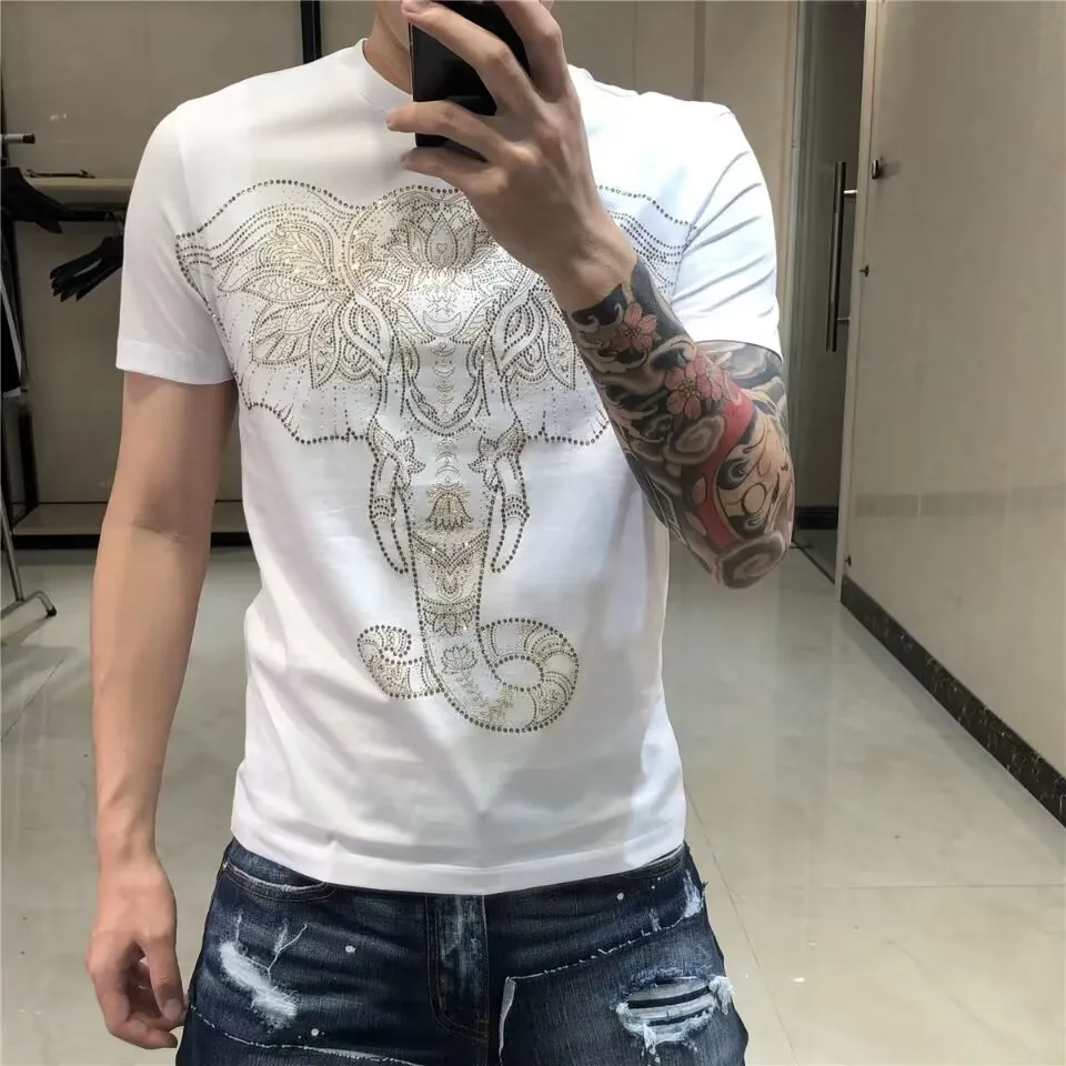 Summer Designer Rhinestone Plein ali T-shirt Casual Slim Solid Men for holiday asian size S-4XL 2024 fashion tees