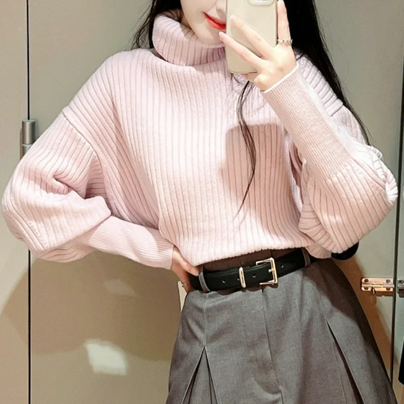 Kuzuwata Japanese Turtleneck Women Pull Femme Solid Color Long Sleeve 2 way Criss-cross Jumpers Vintage Knit Pullover Sweaters