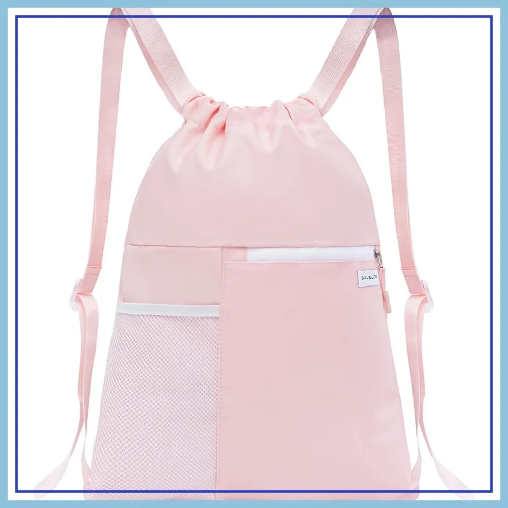 

Drawstring Backpack with Mesh Pocket Water Resistant String Bag for Beach Swim Sports Gym Women Men Pink
