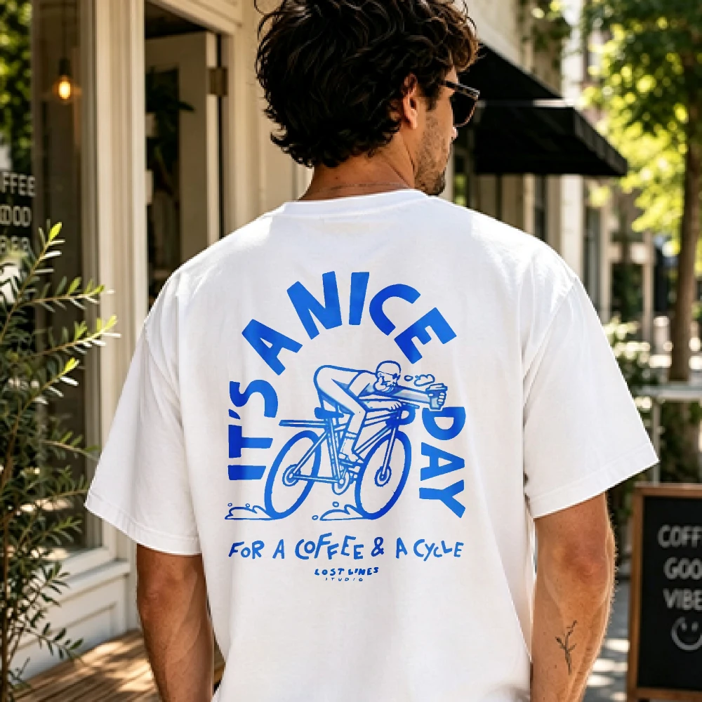 It's A Nice Day for Coffee & Cycle Blue Graffiti Cyclist Slogan Back Print T Shirt Cotton Tee Outdoor Cycling Coffee Lover Tops