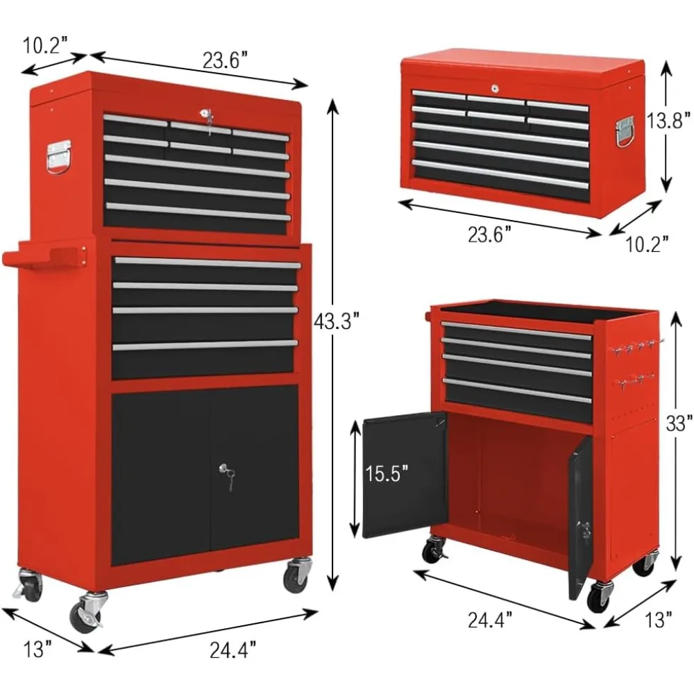 صندوق أدوات ذو 13 درجًا مع باب مزدوج وعجلات، صندوق أدوات كبير قابل للفصل مع أدراج منزلقة، كابينة تخزين صندوق أدوات ميكانيكي