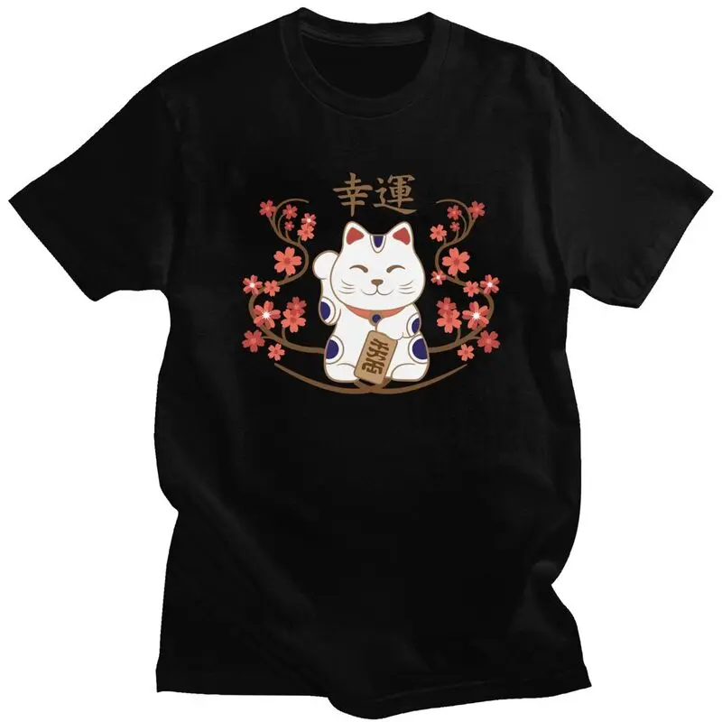 Custom Maneki Neko Cat With Good Luck Kanji T Shirts Men T-shirts Streetwear Tee Pure Cotton Slim Fit Tshirt Merch