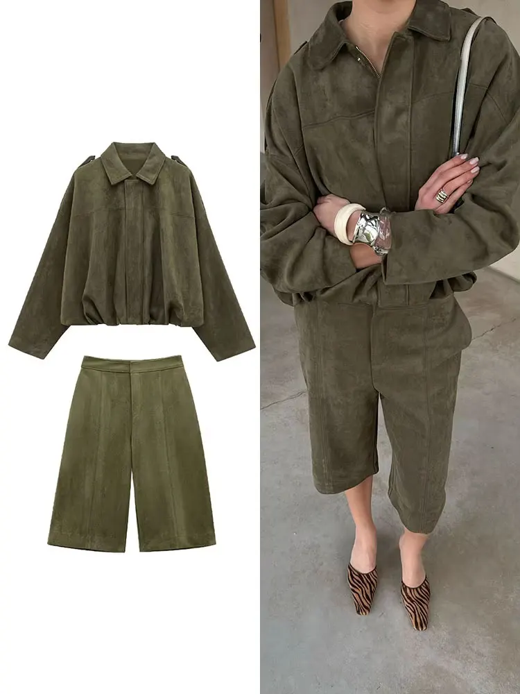 HH Female Street Fashion Suede Texture Shorts Sets Zipper Solid Lapel Bomber Jacket+A-line With Pockets Shorts Retro Suit
