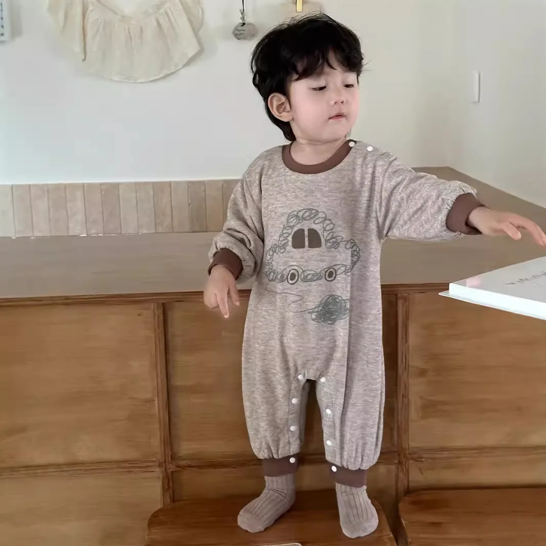 Baby Rompers 2024 Autumn New Korean Children Clothing Baby Jumpsuit Cartoon Printed Patchwork Long Sleeve Rompers