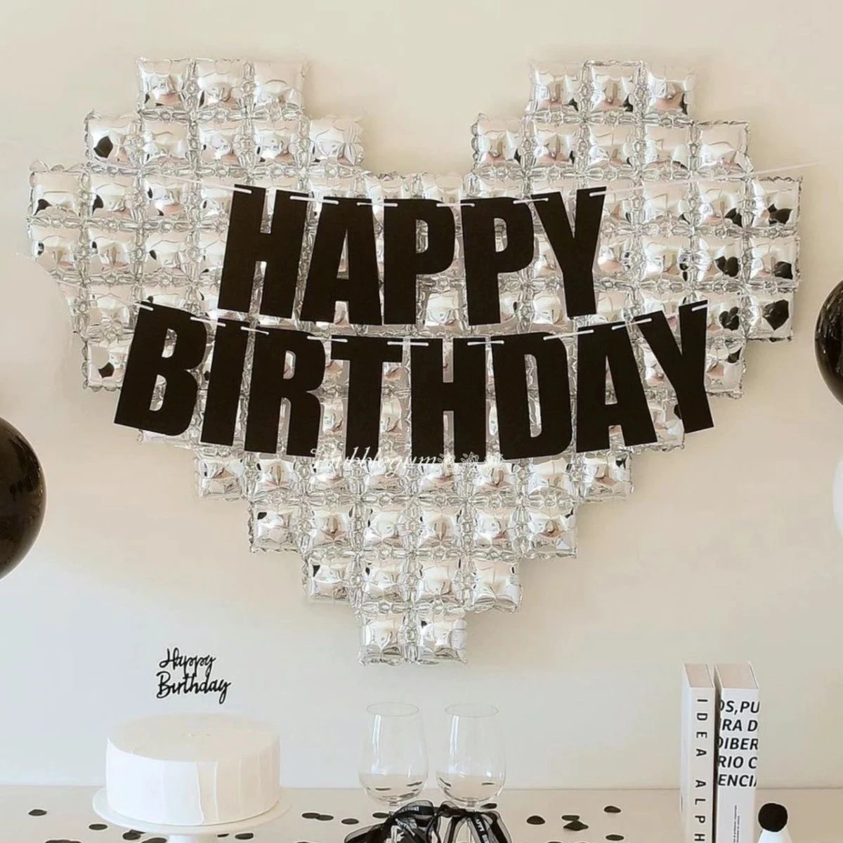 Happy Birthday Decorations: Oversized Silver Mosaic Heart Backdrop Balloons & Black Glitter Banner