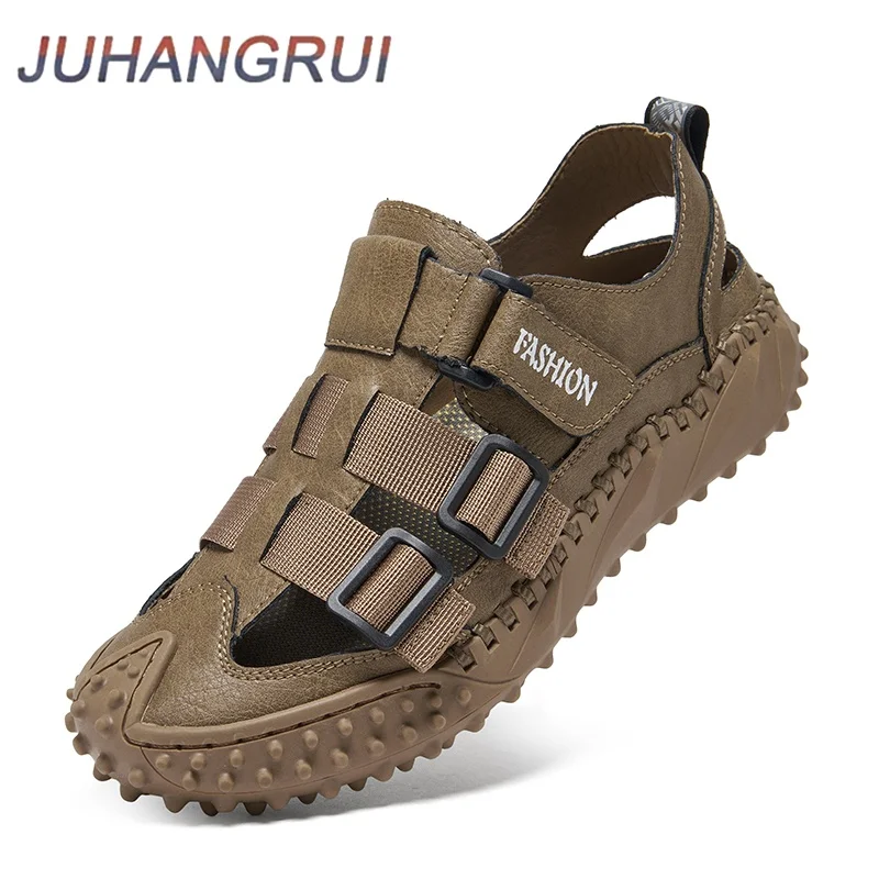 Men's Summer Genuine Leather Sandals Water Resistant Slip-On Driving Anti-Slip Wear-Resistant Head Cover Hole Beach Shoes