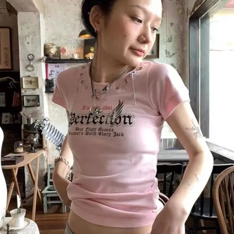 Japanese Kawaii Pink Monogram Print Chain Crop Top Women Summer Y2K Grunge Fairy Tale Harajuku Casual  2000S E-girl Crop Tops