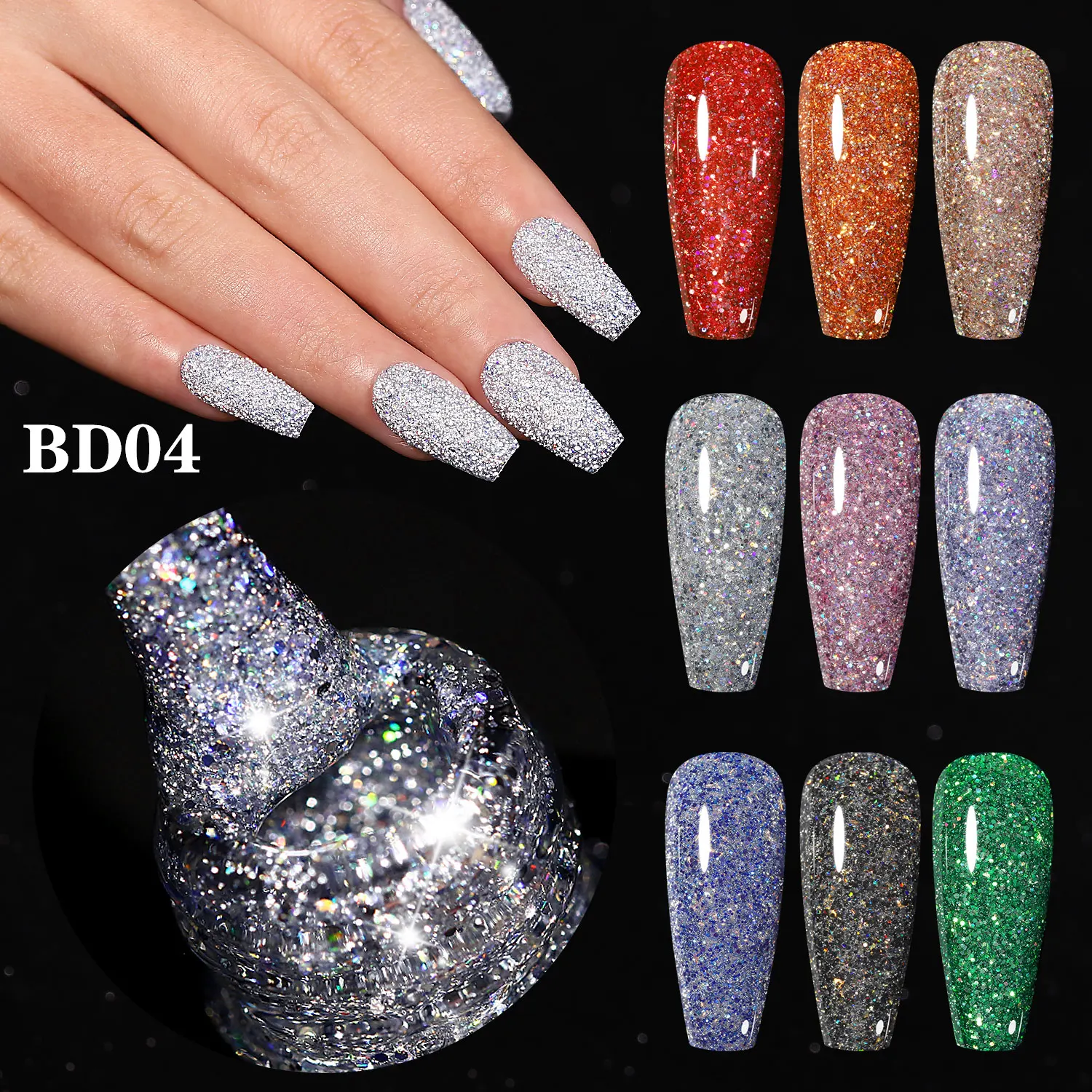 YOKEFELLOW Silver Glitter Gel Nail Polish Reflective Glitter Gel Polish LED UV SoakOff Sparkle Diamond Gel Polish Nail Art Salon