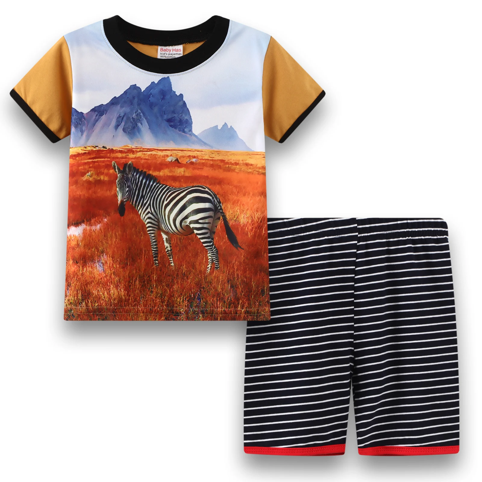 Cotton Boys PJS Pajamas Sleepwear Set for Boys 2-Piece Cartoon Tee Shirts Pant SuitLion Zebra Tiger Short Sleeve T-Shirt Pants