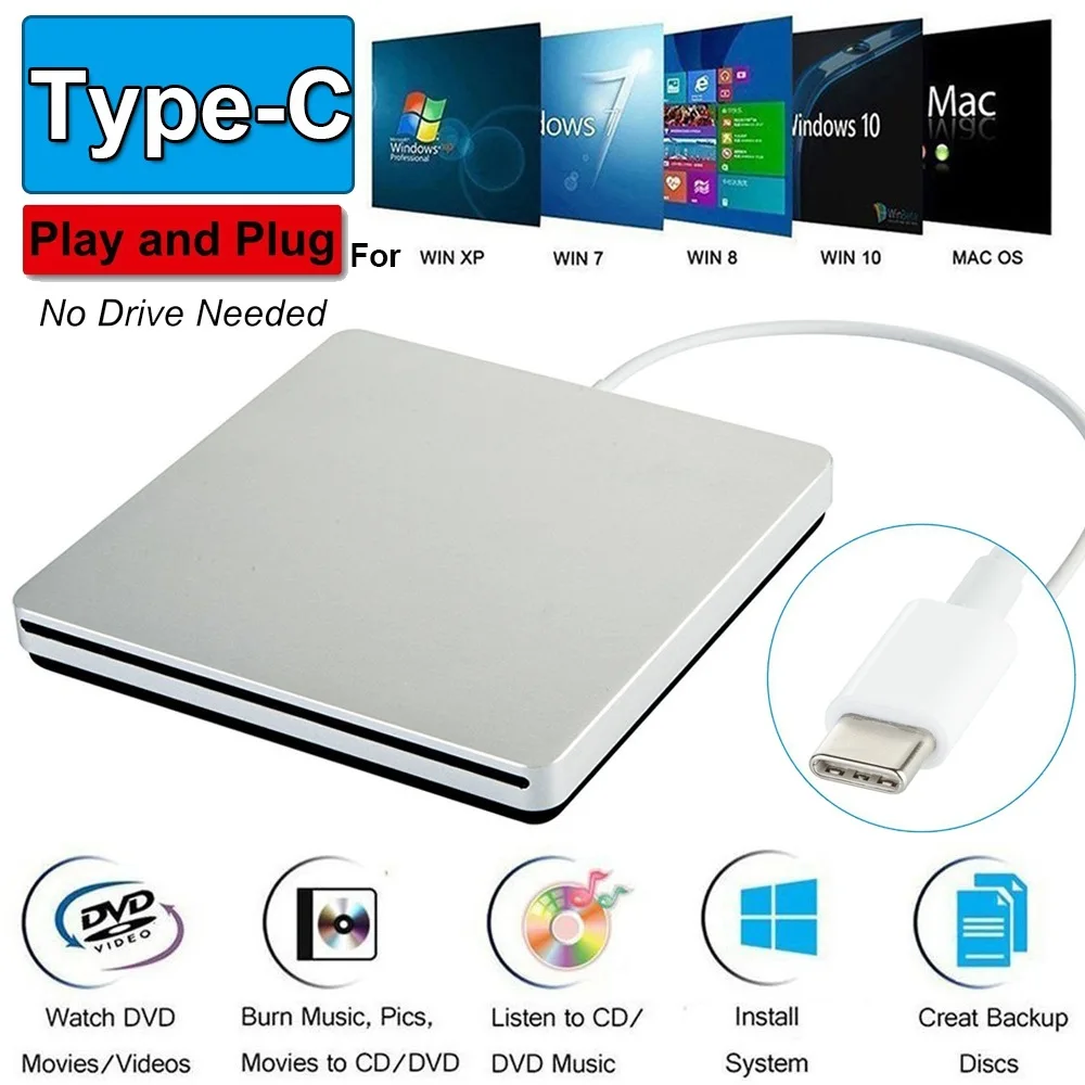 External CD DVD Drive TYPE-C 3.0  Portable Fits for DVD-R/DVD-RW Player Burner for Laptop Computer