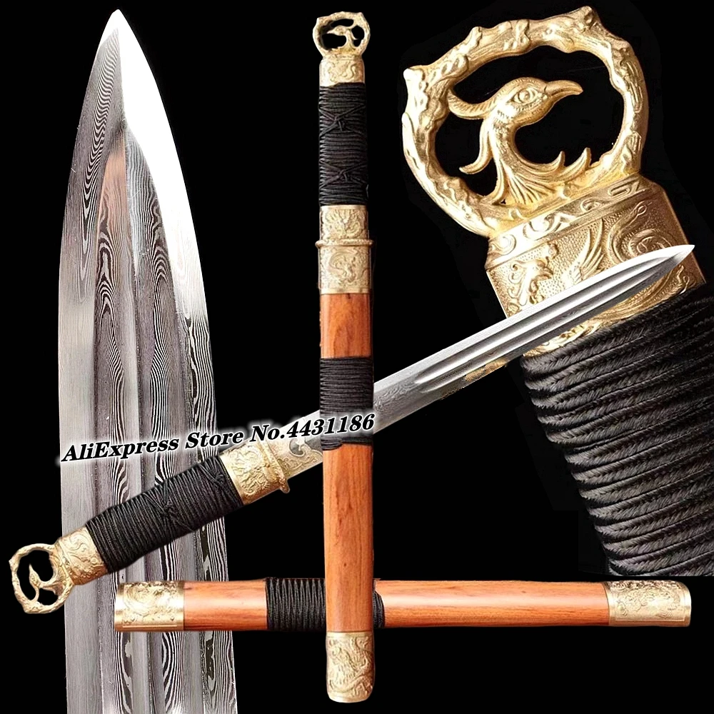 Brass Fittings Dragon/Phoenix Saber KungFu Tang Sword Chinese Folded Damascus Steel Blade  WuShu Double Edge Jian Rose Wood Saya