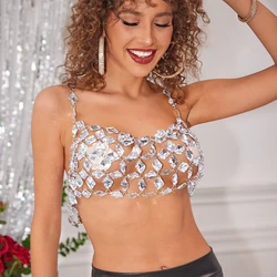 Green Geometric Rhinestone Cutout Sling Body Chain Crystal Chainmail  Bralet Bra Cover Square Neck Jewelled Crop Top In Silver