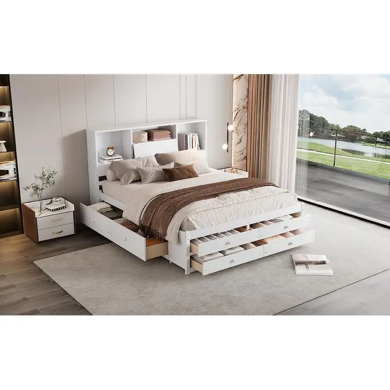 سرير بمنصة بحجم كوين مع لوح رأسي للتخزين و8 أدراج باللون الأبيض