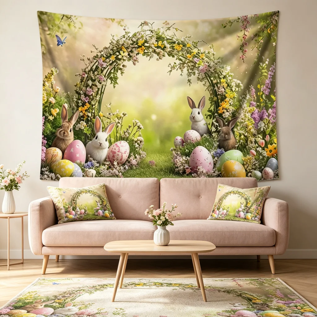 1PC Easter Bunny Eggs Spring Floral Print Backdrop Banner, Bedroom Living Room Photo Background, Polyester, Home Decor, Wall Art