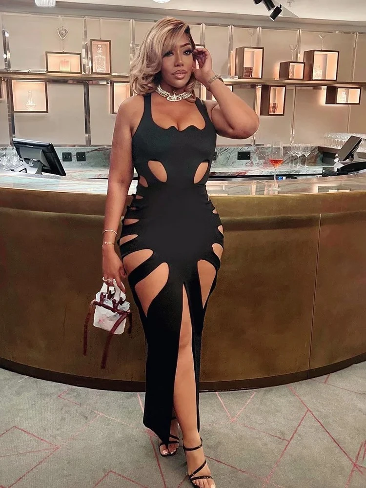 Abito sexy cavo donna estate nuovo senza maniche diviso solido skinny elasticizzato maxi aderente clubwear coquette abiti slim