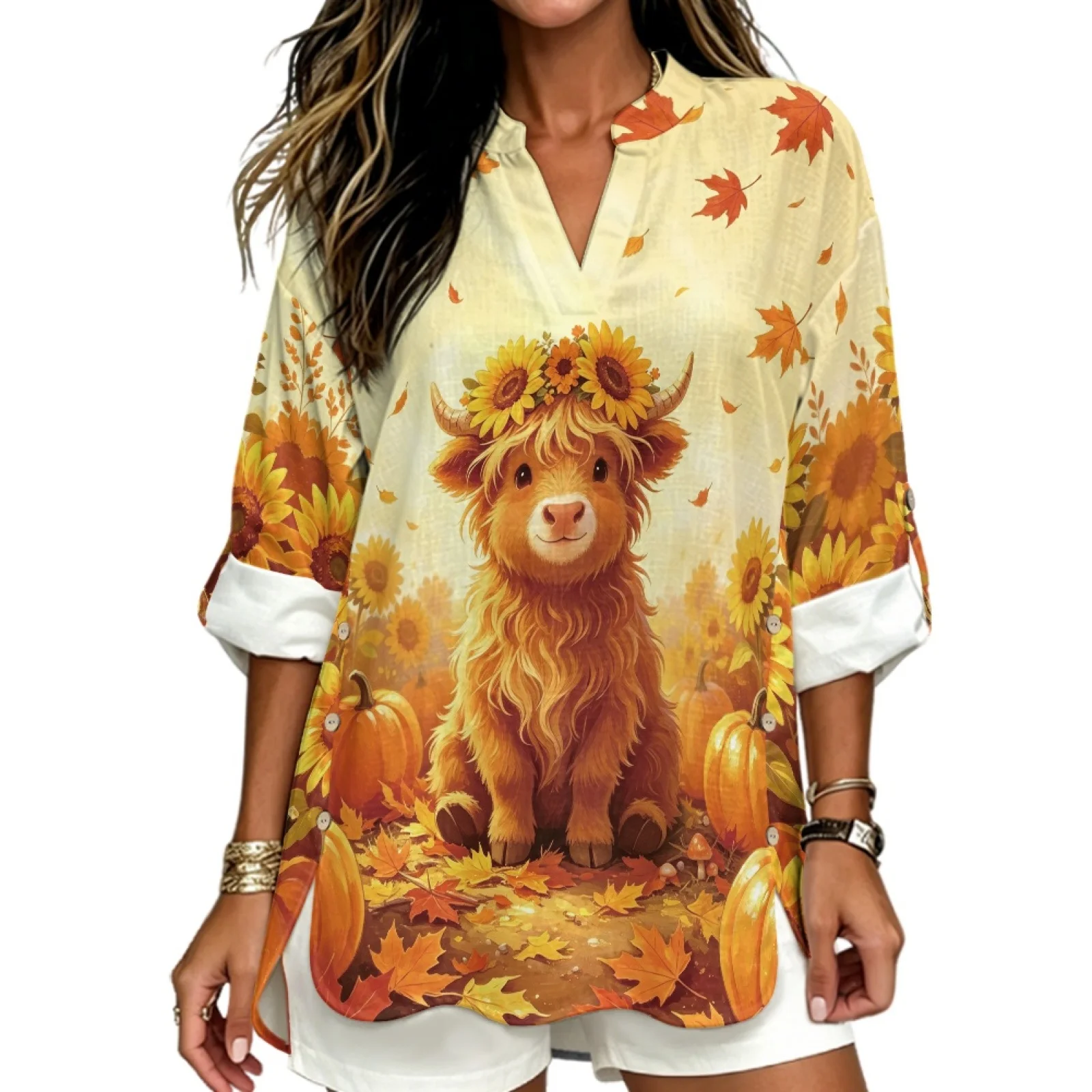 PENSTROLL Highland Cow Linen-Like Tunic Shirts Women's Blouse for Ladies Pullover Tunic Blouse