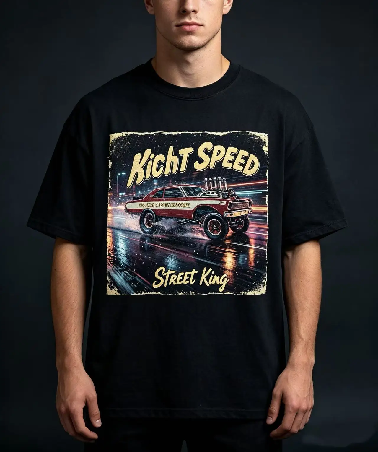 Unisex Kicht Speed Street King Vintage Muscle Car Night Street Graphic T Shirt Men Women Retro Racing Car Print Oversized Crew Neck Cotton Top